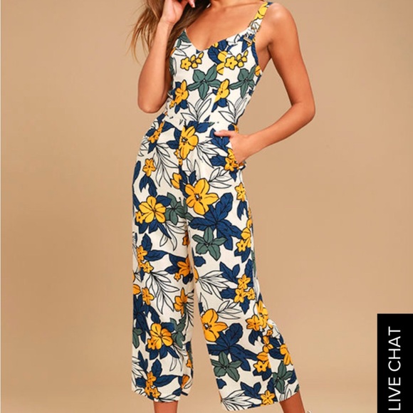 J.O.A. Pants - Floral Print Jumpsuit in Blue and Yellow